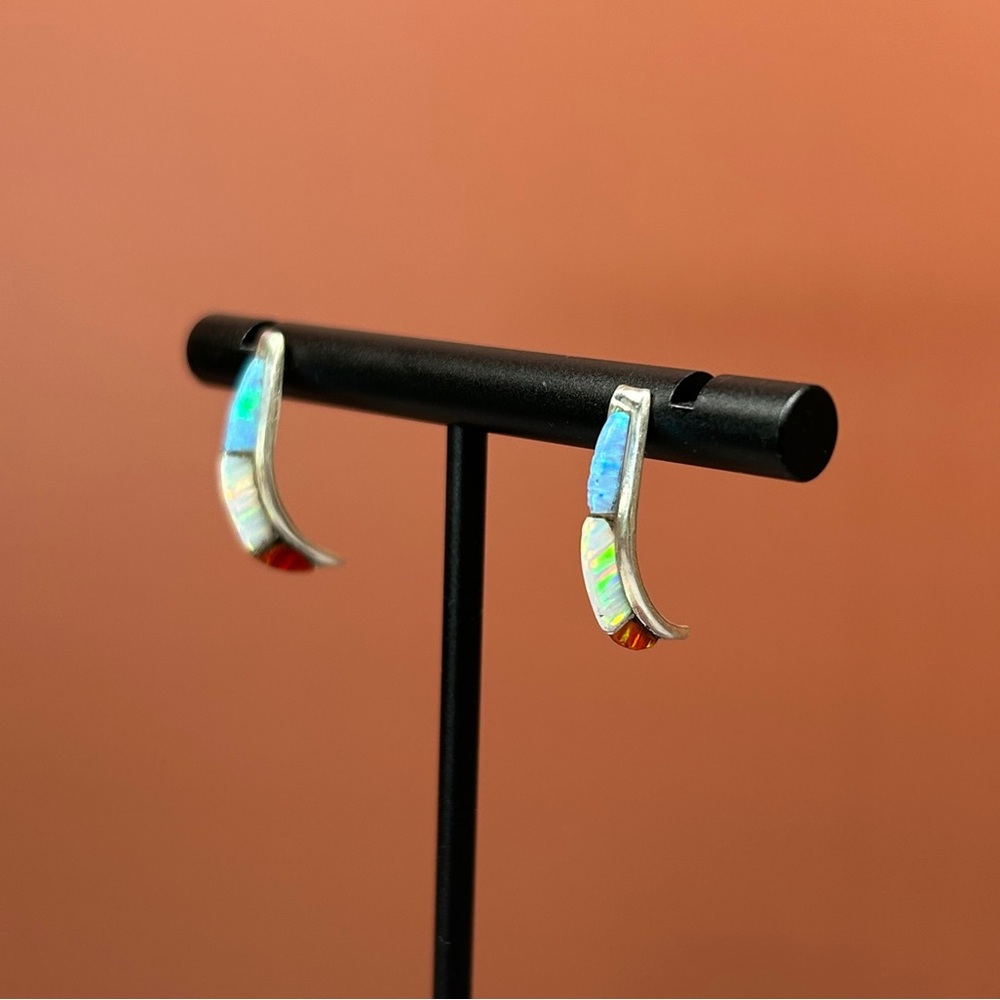 Zuni Inlay Multi Stone Crescent Hoop Earrings